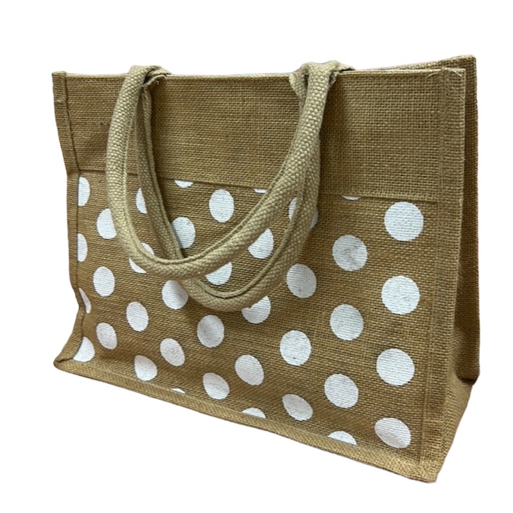 Jute Grocery/Beach Bag Tan/White Polka Dot